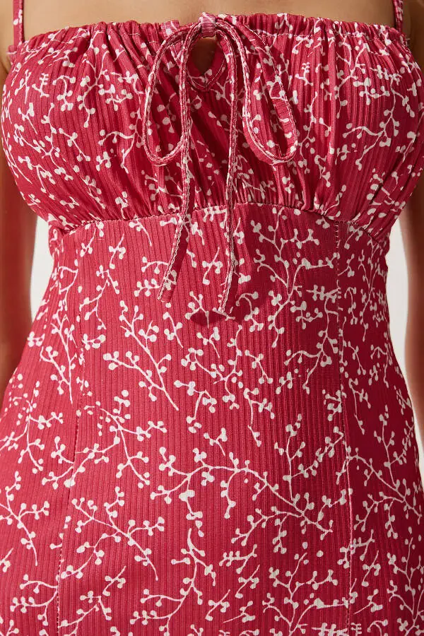 Women's Dark Pink White Floral Slit Summer Knit Dress CI00029 - 5