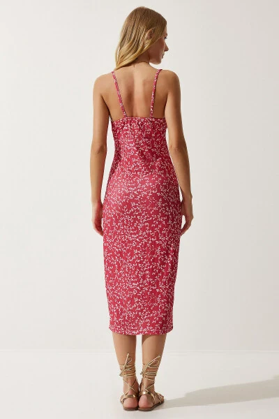 Women's Dark Pink White Floral Slit Summer Knit Dress CI00029 - 6