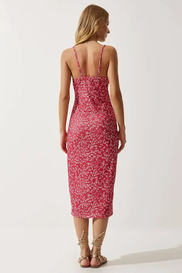 Women's Dark Pink White Floral Slit Summer Knit Dress CI00029 - 6