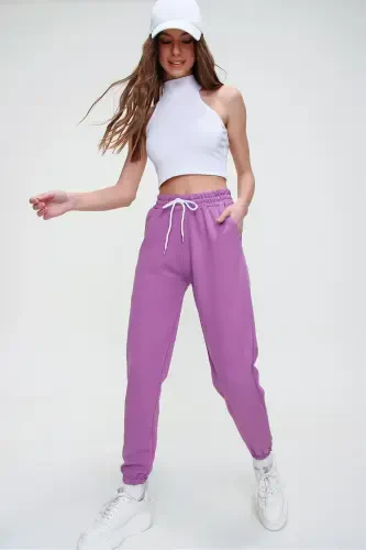 Women's Dark Purple Basic Jogger Bottom with Elastic Waist and Hems ALC-X5902-DARK PURPLE - 1