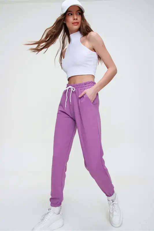 Women's Dark Purple Basic Jogger Bottom with Elastic Waist and Hems ALC-X5902-DARK PURPLE - 2