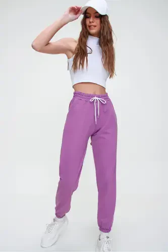 Women's Dark Purple Basic Jogger Bottom with Elastic Waist and Hems ALC-X5902-DARK PURPLE - 3