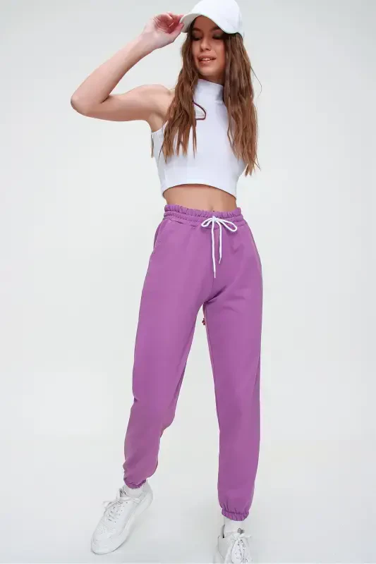Women's Dark Purple Basic Jogger Bottom with Elastic Waist and Hems ALC-X5902-DARK PURPLE - 3