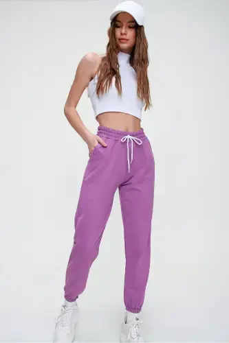 Women's Dark Purple Basic Jogger Bottom with Elastic Waist and Hems ALC-X5902-DARK PURPLE - 4