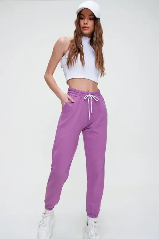 Women's Dark Purple Basic Jogger Bottom with Elastic Waist and Hems ALC-X5902-DARK PURPLE - 4