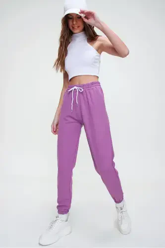 Women's Dark Purple Basic Jogger Bottom with Elastic Waist and Hems ALC-X5902-DARK PURPLE - 5