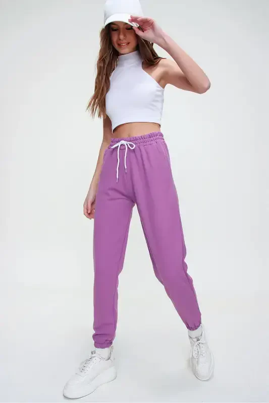 Women's Dark Purple Basic Jogger Bottom with Elastic Waist and Hems ALC-X5902-DARK PURPLE - 5