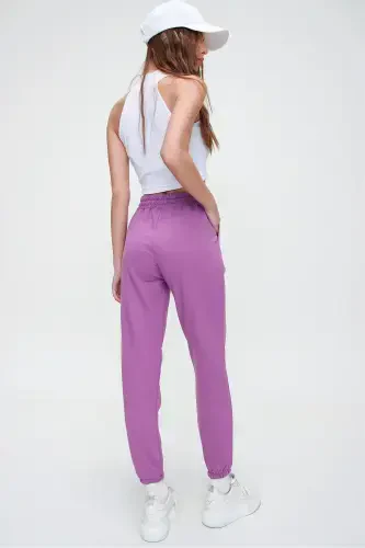 Women's Dark Purple Basic Jogger Bottom with Elastic Waist and Hems ALC-X5902-DARK PURPLE - 6