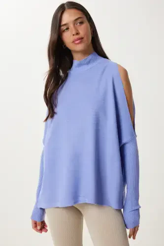 Women's Dark Purple Cut Out Detailed Oversize Knitted Sweater AS00015-Dark Purple - 2