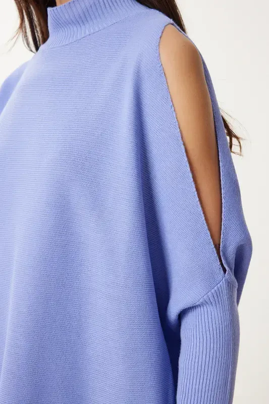 Women's Dark Purple Cut Out Detailed Oversize Knitted Sweater AS00015-Dark Purple - 4