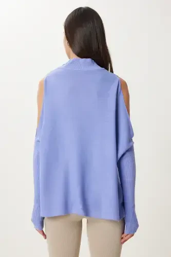 Women's Dark Purple Cut Out Detailed Oversize Knitted Sweater AS00015-Dark Purple - 5