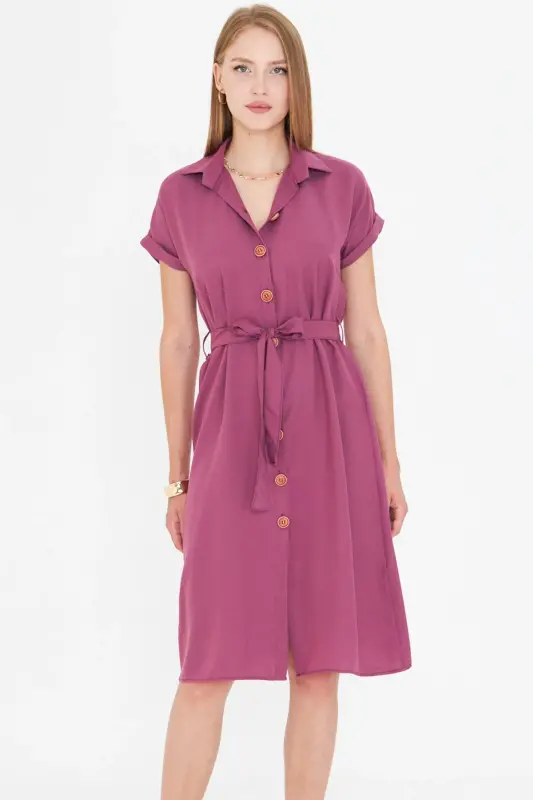 Women's Dark Rosewood Belted Short Sleeve Shirt Dress ARM-19Y001068-Dark Rosewood - ARMONIKA