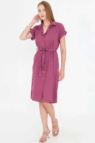 Women's Dark Rosewood Belted Short Sleeve Shirt Dress ARM-19Y001068-Dark Rosewood - ARMONIKA (1)