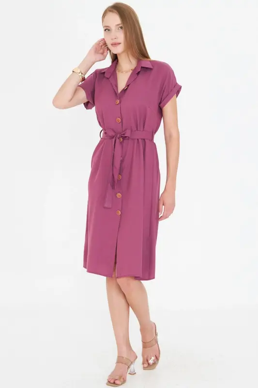 Women's Dark Rosewood Belted Short Sleeve Shirt Dress ARM-19Y001068-Dark Rosewood - 2