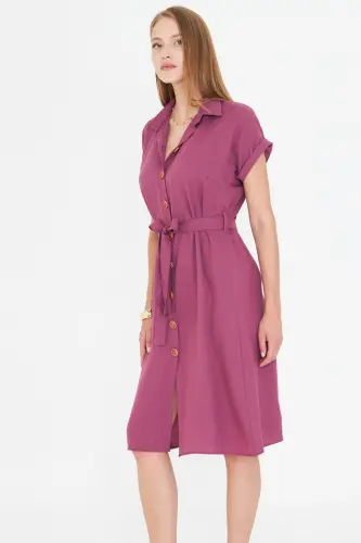 Women's Dark Rosewood Belted Short Sleeve Shirt Dress ARM-19Y001068-Dark Rosewood - 3