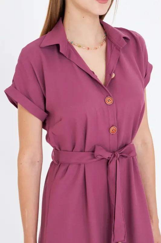 Women's Dark Rosewood Belted Short Sleeve Shirt Dress ARM-19Y001068-Dark Rosewood - 4