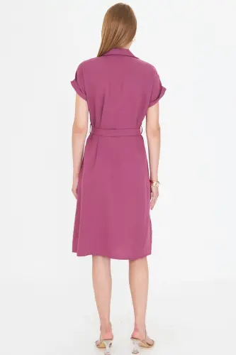 Women's Dark Rosewood Belted Short Sleeve Shirt Dress ARM-19Y001068-Dark Rosewood - 5