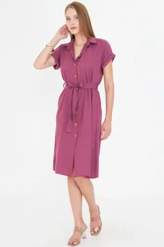 Women's Dark Rosewood Belted Short Sleeve Shirt Dress ARM-19Y001068-Dark Rosewood - 3