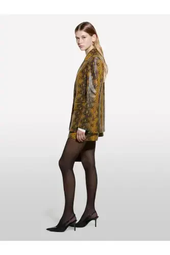 Women's Dark Yellow Printed Vegan Leather Jacket with Pocket and Single Button Flap - 1