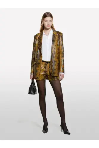 Women's Dark Yellow Printed Vegan Leather Jacket with Pocket and Single Button Flap - SISLEY (1)