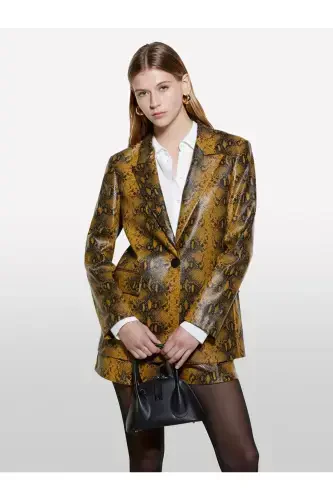 Women's Dark Yellow Printed Vegan Leather Jacket with Pocket and Single Button Flap - 3