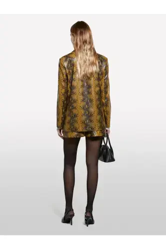 Women's Dark Yellow Printed Vegan Leather Jacket with Pocket and Single Button Flap - 4