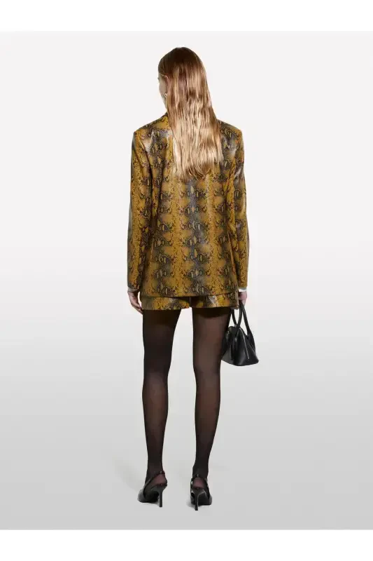 Women's Dark Yellow Printed Vegan Leather Jacket with Pocket and Single Button Flap - 4