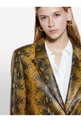 Women's Dark Yellow Printed Vegan Leather Jacket with Pocket and Single Button Flap - 5