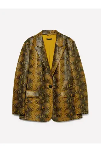 Women's Dark Yellow Printed Vegan Leather Jacket with Pocket and Single Button Flap - 6