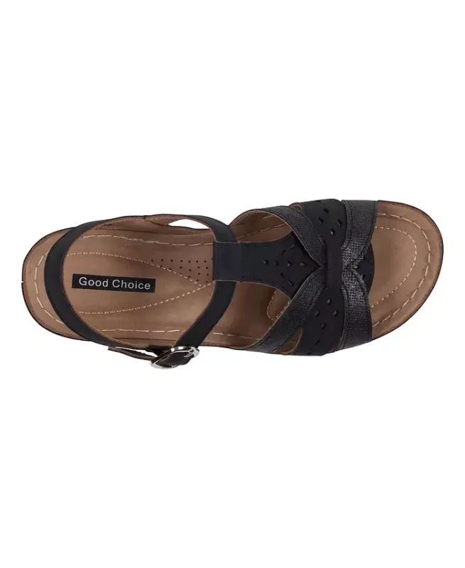 Women's Darry Perforated T-Strap Slingback Wedge Sandals-Black - 4