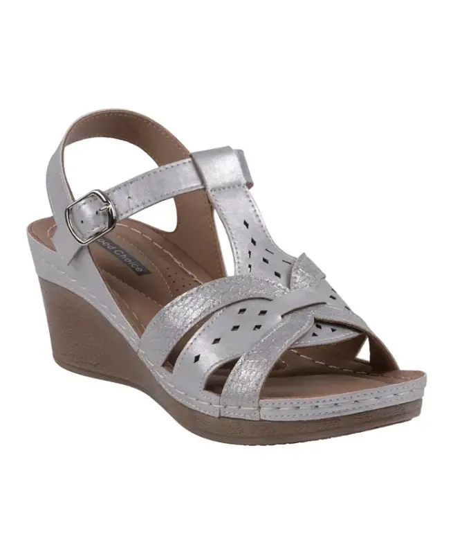 Women's Darry Perforated T-Strap Slingback Wedge Sandals-Silver - GC SHOES