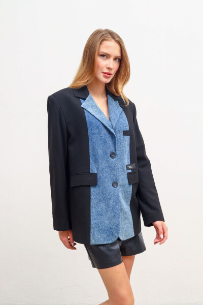 Women's Denim Detail Blazer Jacket Black - 8