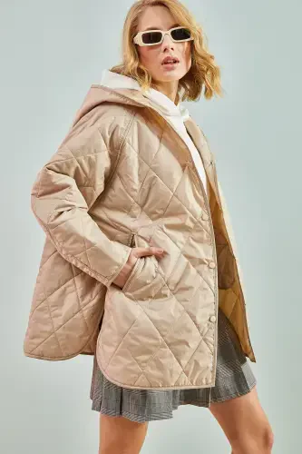 Women's Diamond Pattern Quilted Jacket-Beige - 1