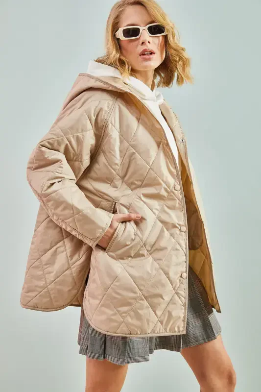 Women's Diamond Pattern Quilted Jacket-Beige - BIANCO LUCCI