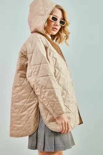 Women's Diamond Pattern Quilted Jacket-Beige - 3