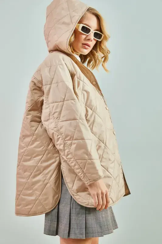 Women's Diamond Pattern Quilted Jacket-Beige - 3
