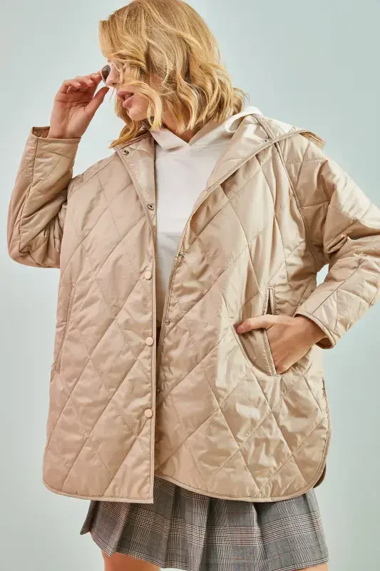 Women's Diamond Pattern Quilted Jacket-Beige - 4