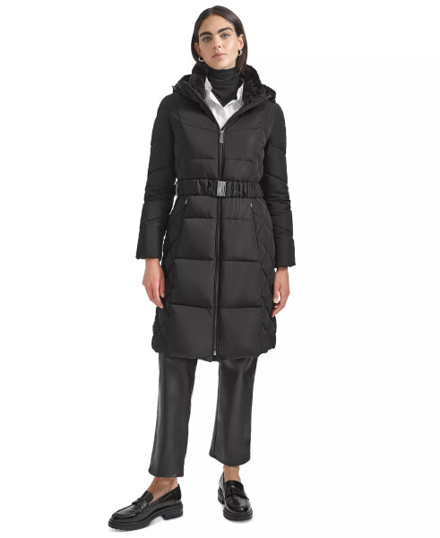 Women's Diamond Quilted Side Belted Hooded Puffer Coat Black - 1