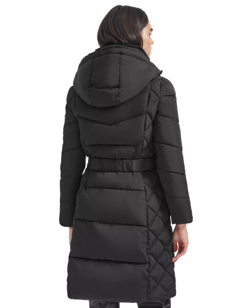 Women's Diamond Quilted Side Belted Hooded Puffer Coat Black - 2