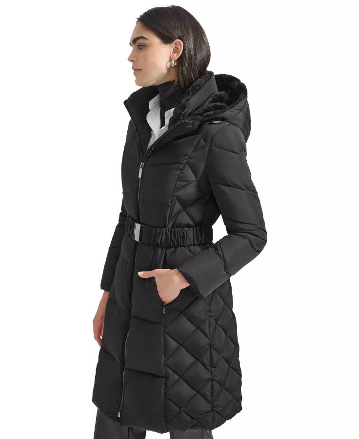 Women's Diamond Quilted Side Belted Hooded Puffer Coat Black - 3