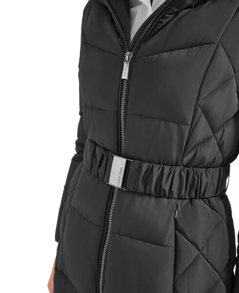 Women's Diamond Quilted Side Belted Hooded Puffer Coat Black - 4