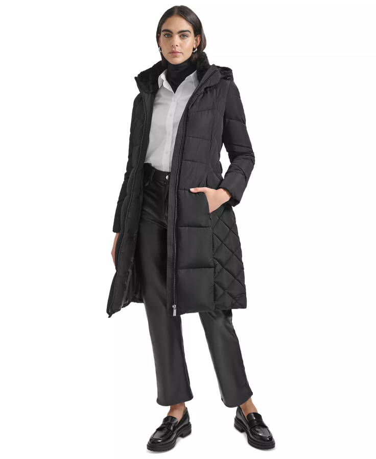 Women's Diamond Quilted Side Belted Hooded Puffer Coat Black - 5