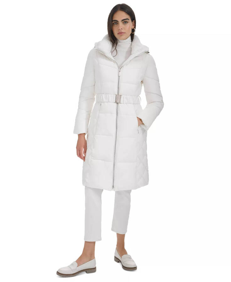 Women's Diamond Quilted Side Belted Hooded Puffer Coat Warm Cream - 1