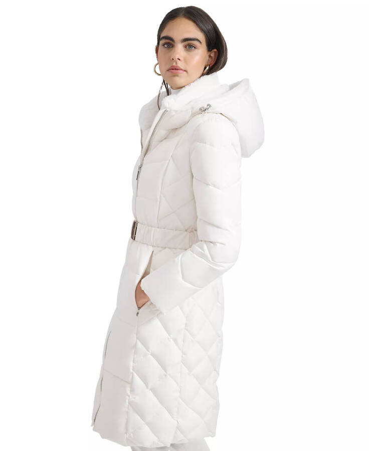 Women's Diamond Quilted Side Belted Hooded Puffer Coat Warm Cream - 3