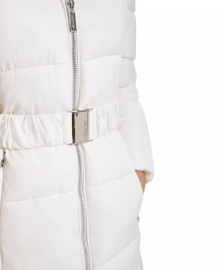 Women's Diamond Quilted Side Belted Hooded Puffer Coat Warm Cream - 4