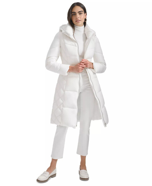 Women's Diamond Quilted Side Belted Hooded Puffer Coat Warm Cream - 5