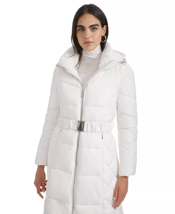 Women's Diamond Quilted Side Belted Hooded Puffer Coat Warm Cream - 6