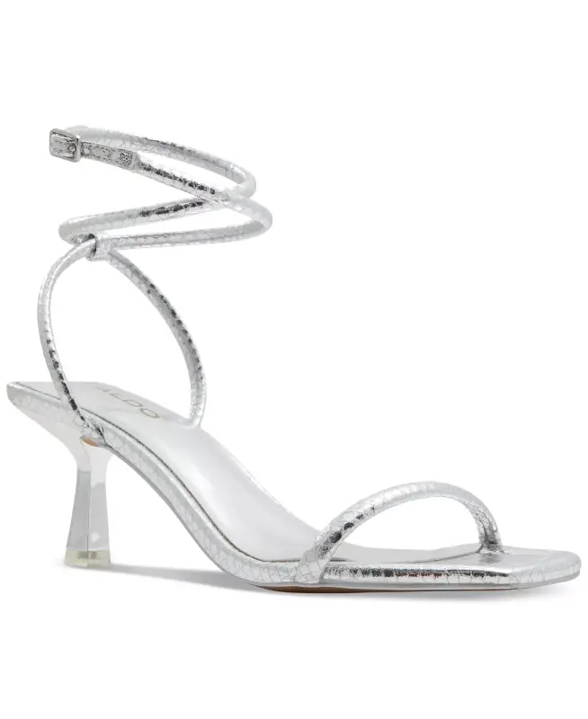 Women's Dime Strappy Ankle Wrap Dress Sandals-Silver Snake Emblem - 7