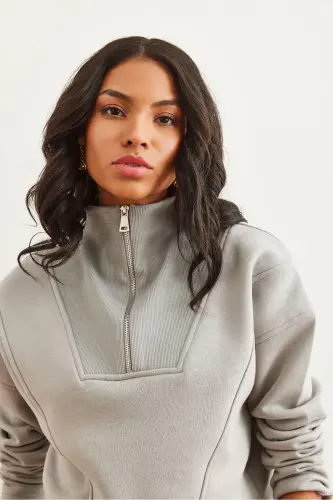 Women's Dolphin Gray Stand-Up Collar Zippered Brushed Crop Thick Sweatshirt SWT-19000696 - Dolphin Gray - 4