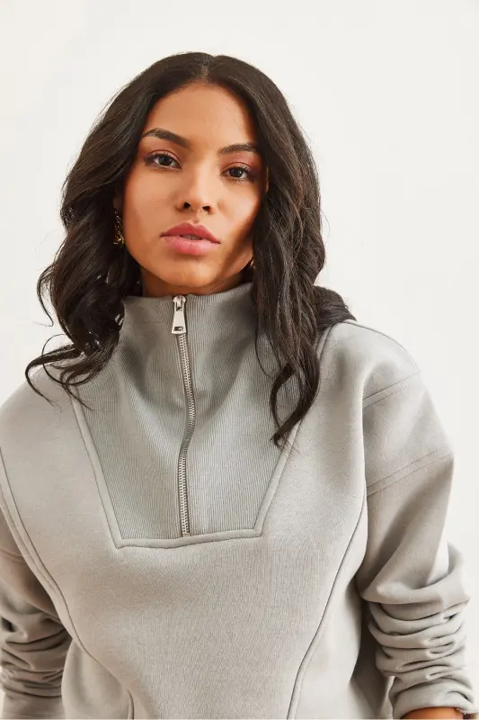 Women's Dolphin Gray Stand-Up Collar Zippered Brushed Crop Thick Sweatshirt SWT-19000696 - Dolphin Gray - 4